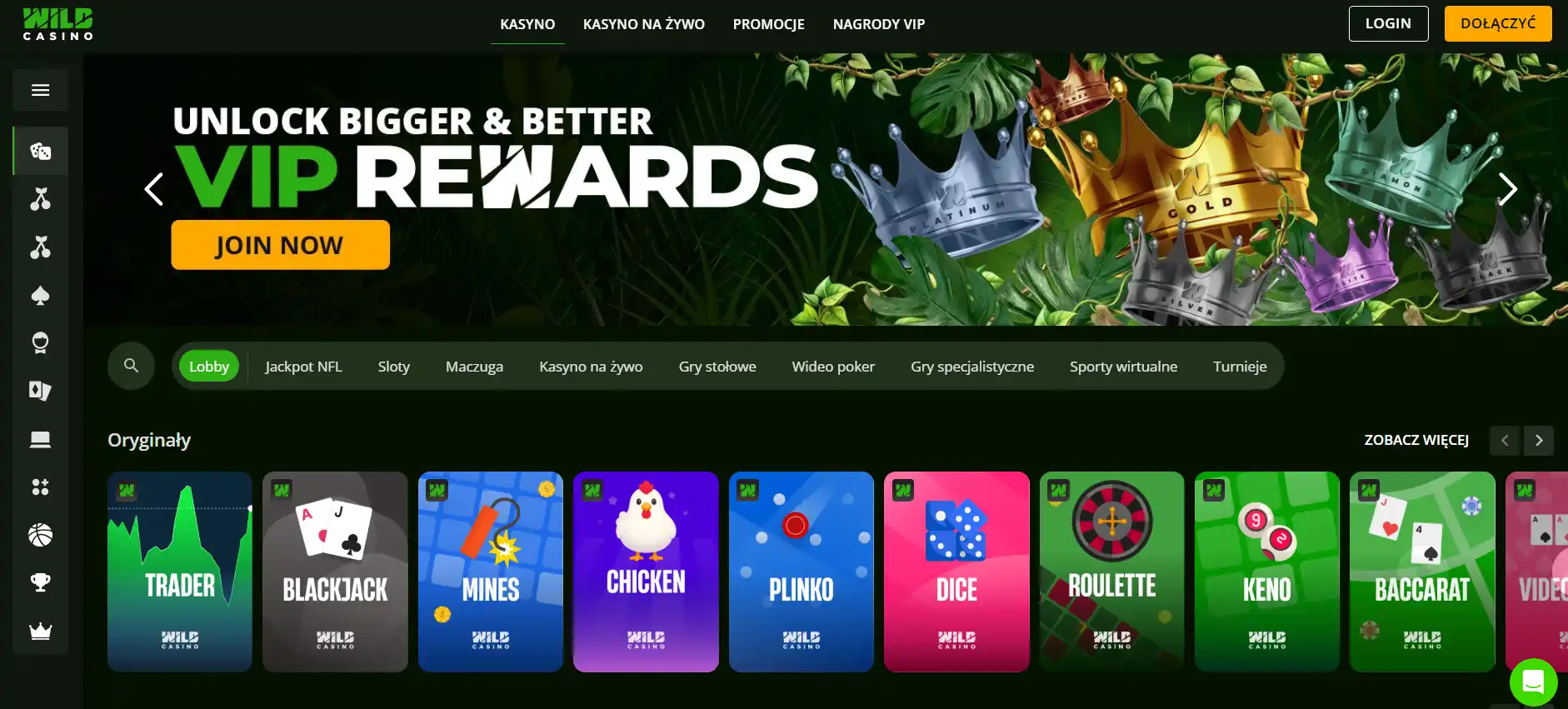 Strona główna Wild Casino z widoczną identyfikacją marki i nawigacją