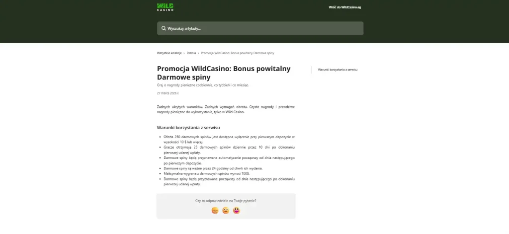 Aktualne warunki promocji 250 darmowych spinów Wild Casino