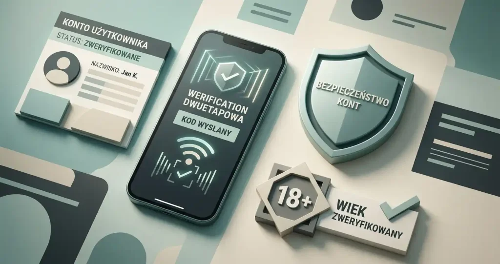 Neutralna ilustracja bezpiecznego konta online z 2FA i weryfikacją wieku