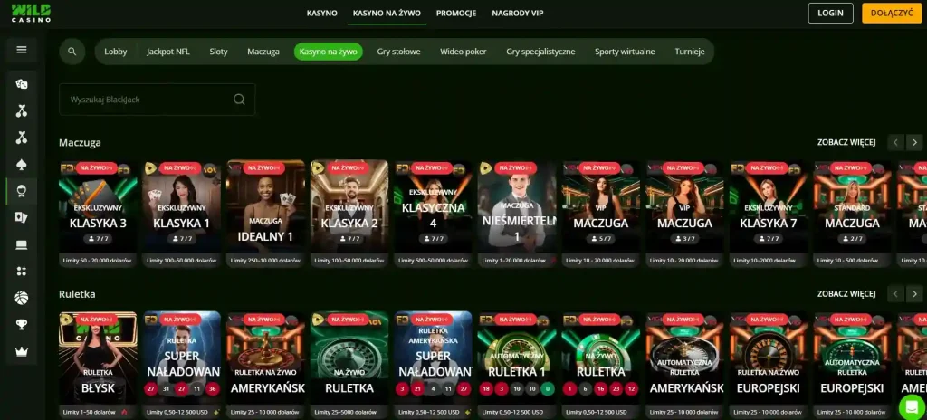 Sekcja kasyna na żywo w interfejsie Wild Casino