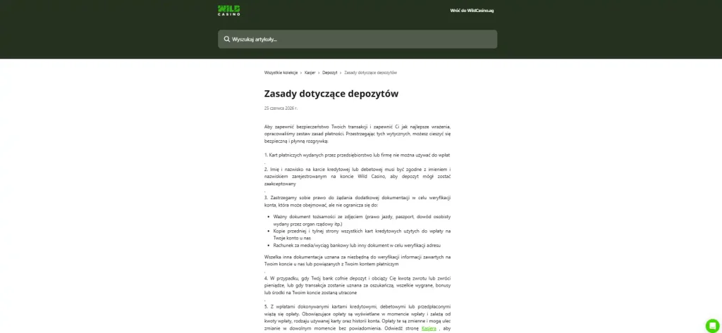 Zrzut oficjalnej strony Wild Casino z zasadami depozytów i przykładami dokumentów KYC
